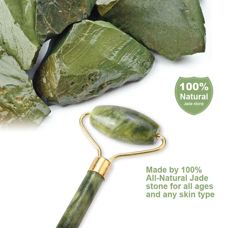 Jade Facial Roller & Gua Sha Scraping Too; Beauty Massager Green-1