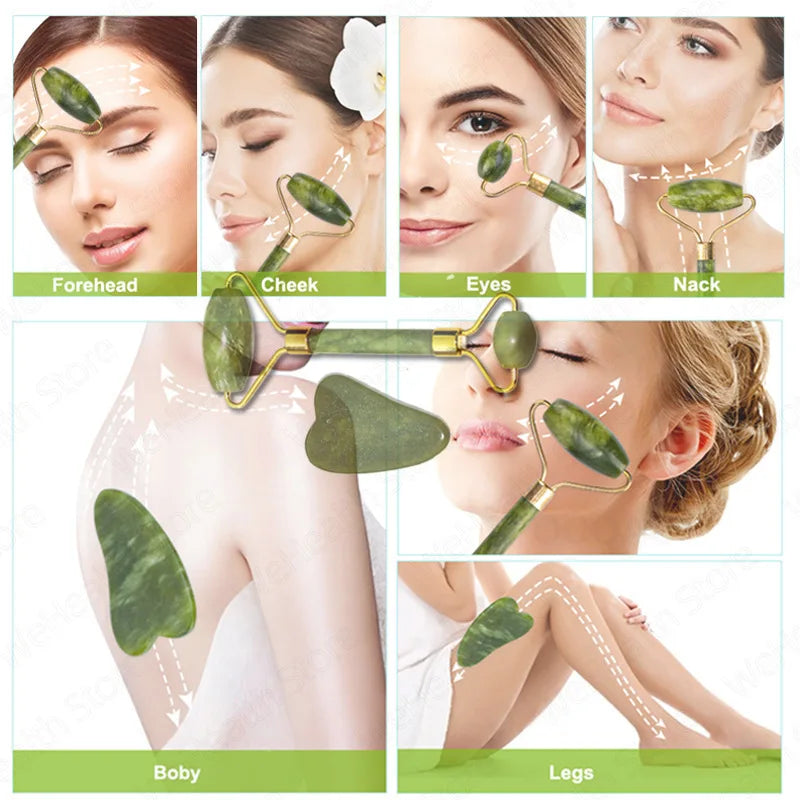 Jade Facial Roller & Gua Sha Scraping Too; Beauty Massager Green-2