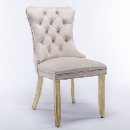 NNEDSZ 8x Velvet Dining Chairs Upholstered Tufted Kithcen Chair with Solid Wood Legs Stud Trim and Ring-Beige